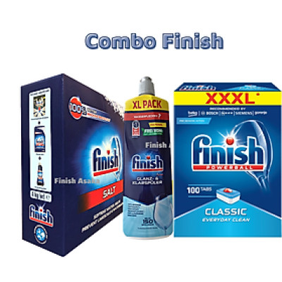 Combo viên rửa bát Finish 100 viên + Muối rửa bát 4.0kg+ Nước bóng 750m nhập khẩu chính hãng giá rẻ