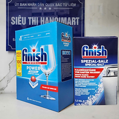 Bộ viên rửa bát finish hộp 100 viên và hộp muiối làm mềm nuớc somat 1,2kg ( Đức )
