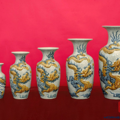 Lọ Lộc Bình Men Rạn Đắp Nổi Chiều Cao 32cm