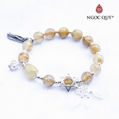 Vòng thạch anh tóc vàng phối lu thống charm bạc hạt 9mm mệnh thủy, kim - Ngọc Quý Gemstones