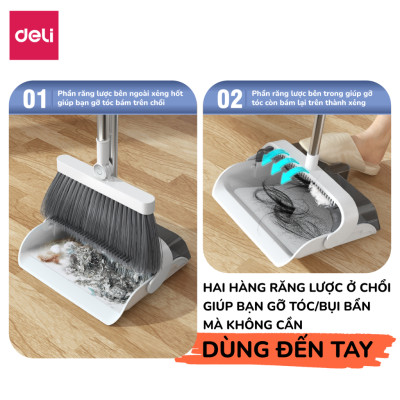 Bộ chổi quét nhà kèm xẻng hót rác gấp gọn Deli đa năng thông minh, màu trắng chất liệu nhựa cao cấp và thép không gỉ