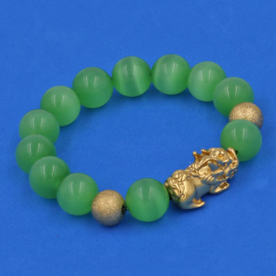 Vòng tay Đá Mắt Mèo Xanh Lá 12 ly - cẩn Tỳ Hưu Phong Thủy inox vàng VMEXNTHHBV12 - hợp mệnh Mộc, mệnh Hỏa