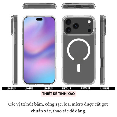 ốp lưng chống sốc sạc từ tính nam châm trong suốt cho iPhone 17 Pro Max / 17 Air / iP 17 Pro / 17 hiệu Likgus Lin Magnetic N52 - Chống sốc 2m, túi khí ẩn 4 góc, chống va đập, độ trong full HD - Hàng nhập khẩu