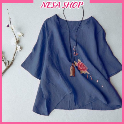 Áo kiểu nữ cổ tròn tay lỡ form rộng thoải mái, chất liệu Đũi cao cấp mềm mịn, mát, hoạ tiết Thêu tỉ mỉ NeSa Shop AKH.57