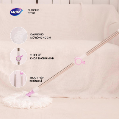 Combo 3 Bông Lau + 1 Cây Lau Nhà Đơn MyJae Sợi Microfiber Xoay 360 Độ Phù Hợp Cho Nhiều Loại Thùng Lau 134cm