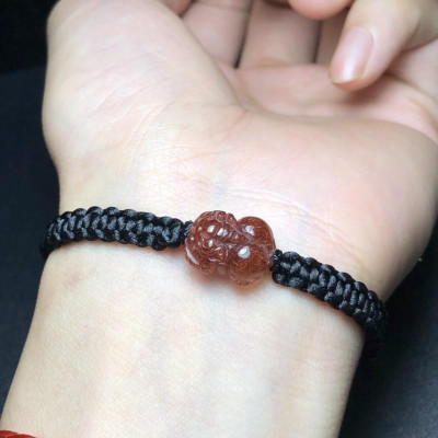 Vòng Tay Tỳ Hưu Tài Lộc Tóc Đỏ Mini tết dây màu đen - Cầu tài lộc, bình an, may mắn