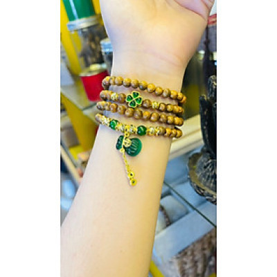 Chuỗi trầm hương 6mm mix charm cỏ may mắn-túi tiền tài lộc bạch ngọc- ngọc sơn thuỷ