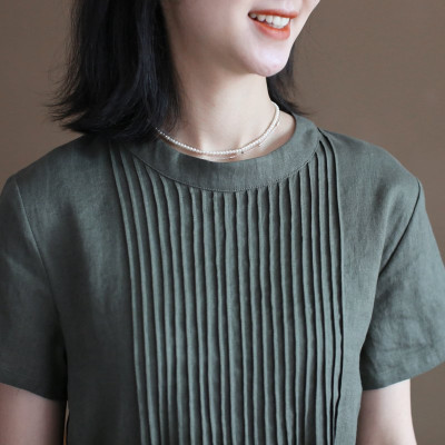 Đầm ngắn tay chất liệu linen cao cấp, dáng suông basic dễ mặc, phong cách kín đáo nhã nhặn NH191 xanh xám