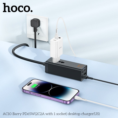 Ổ cắm điện đa năng sạc nhanh PD 65W cổng typeC + QC18W có 2*USB + 2*Type-C có 1 lỗ cắm tải 2500W dây dài 1.5m AC10 - hàng chính hãng