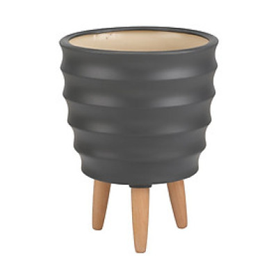 Chậu trang trí bằng sành DEARA hình trụ miệng loe màu trắng kết hợp chân đỡ bằng gỗ, kích thước 26x32cm (RxC) | Index Living Mall - Phân phối độc quyền tại Việt Nam