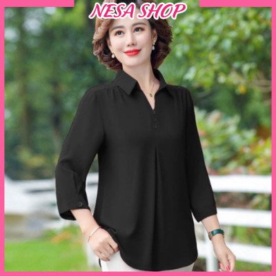 Áo lụa trung niên cao cấp tặng mẹ form rộng tay lỡ cổ sơ mi cách điệu, áo kiểu nữ đẹp NeSa Shop SMH.59