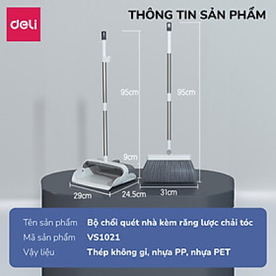 Bộ chổi quét nhà kèm xẻng hót rác gấp gọn Deli đa năng thông minh, màu trắng chất liệu nhựa cao cấp và thép không gỉ