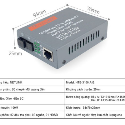 Bộ chuyển đổi quang điện 10/100M Single Fiber Netlink HTB-3100AB (1 Sợi quang)