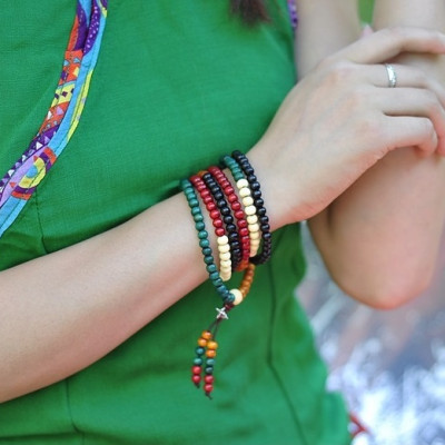 Vòng tay ngũ sắc, phong cách phật giáo, 108 hạt, gỗ tự nhiên 100%, Kèm túi đựng Cung hỷ