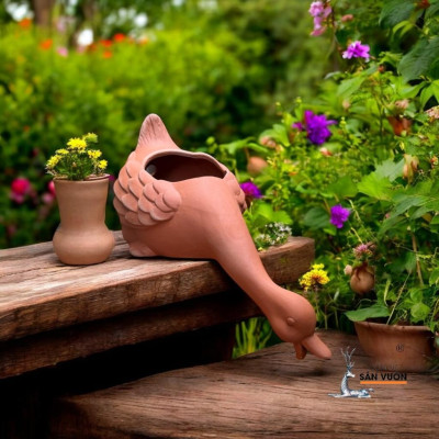 Tiểu Cảnh Thủy Cảnh Đất Nung Hình Vịt Phun Nước Hồ Cá