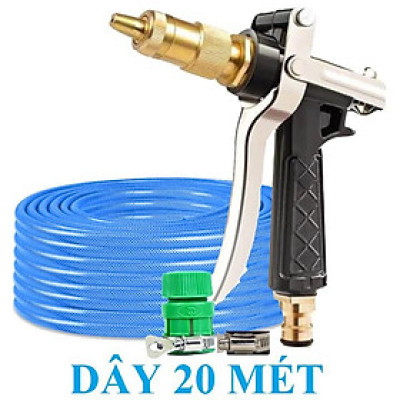 Vòi Xịt️Bộ dây vòi xịt nước rửa xe, tưới cây , tăng áp 3 lần, loại 20m 206236 đầu đồng, đai, nối vòi vàng