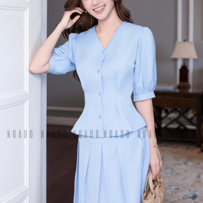 Set áo váy xanh biển tay lửng NGADO , set áo váy kiểu , set áo váy Nữ