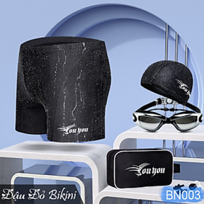 Set đồ bơi quần short nam 5 chi tiết có túi đựng, Quần bơi da cá + Kính bơi + Mũ + Bịt tai & Kẹp mũi, hàng chuẩn đẹp, thun bơi lạnh dày mịn mát | BN003