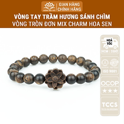 Vòng Tay Trầm Hương Sánh Chìm Cao Cấp Mix Charm Hoa Sen - Vòng Tròn Đơn Size 8/10mm Mang Lại May Mắn, Bình An