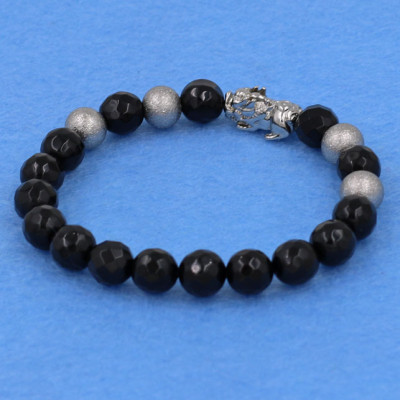 Chuỗi đeo tay thạch anh đen cắt giác 8 ly - cẩn Tỳ Hưu inox bạc VTAEGTHTB8 - hợp mệnh Thủy, mệnh Mộc