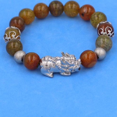 Vòng chuỗi đeo tay Đá Vân Rồng Nâu Vàng size 10 ly mix Tỳ Hưu inox VVRTHVHKHB10