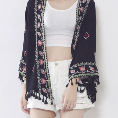 Áo khoác kimono voan ngắn đi biển, viền thổ cẩm mix họa tiết xinh | KM006