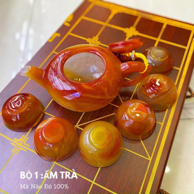 Bộ ấm trà đá mã não đỏ tự nhiên