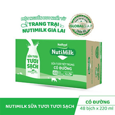 Thùng 48 bịch NutiMilk Sữa tươi 100 điểm - Sữa tươi tiệt trùng Có đường Bịch 220ml TU.STCDB220TI NUTIFOOD