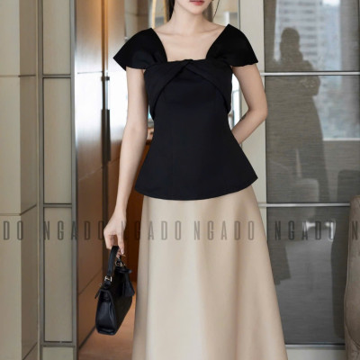Set áo váy đen nude tay con NGADO , set áo váy , set công sở