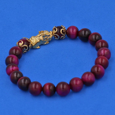 Vòng đeo tay Đá Mắt Hổ Đỏ 8 ly - cẩn Tỳ Hưu Phong Thủy inox vàng VMHOTHHKV8 - hợp mệnh Hỏa, mệnh Thổ