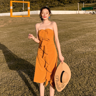 Váy maxi 2 dây chấm bi vàng, bèo nhún cách điệu trước, tôn dáng, đầm voan đi biển cá tính, họa tiết chấm bi dễ mặc | MX053