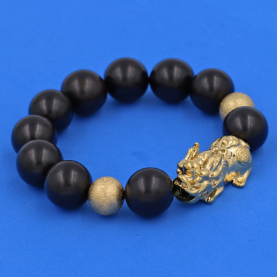 Vòng chuỗi đeo tay gỗ mun 15 ly ( size lớn ) charm tỳ hưu và bi inox vàng, vòng tay chuỗi hạt