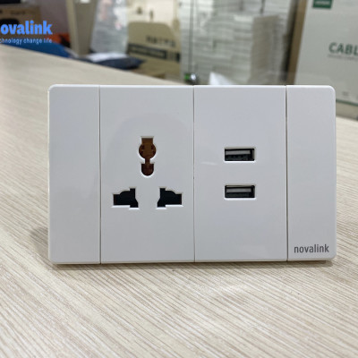 Ổ USB âm tường kèm ổ điện Novalink A5-31, mặt nắp chất liệu nhựa chống cháy, lõi đồng cao cấp, công suất ổ USb 5V-2.1A, công suất ổ điện 16A - Hàng chính hãng, Full thuế VAT, COCQ