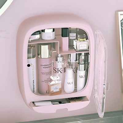 Kệ đựng mỹ phẩm cao cấp, CỬA MỞ NAM CHÂM KÍNH MIKA TRONG SUỐT treo tường không đục lỗ ( TẶNG MÁY TỈA LÔNG MŨI )