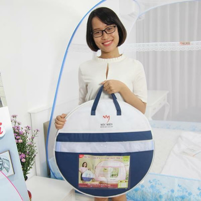 Màn đỉnh rộng tự bung cao cấp Mộc Miên trắng viền xanh loại 1,6mx2m - 3 cửa - Mùng chụp cao cấp Mộc Miên 