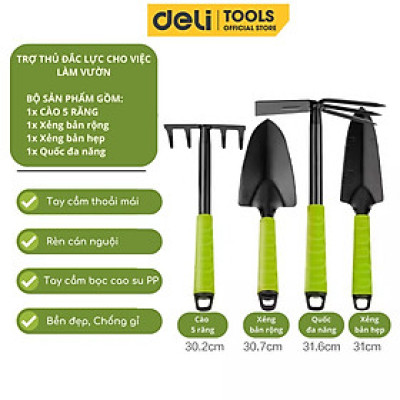 Bộ Dụng Cụ Làm Vườn Deli 4 Chi Tiết Tiện Dụng - Xẻng, Quốc, Cào Đa Năng - Chất Liệu Cao Cấp, Chắc Chắn, An Toàn DL580804
