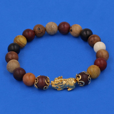 Chuỗi đeo tay Gỗ Đàn Hương 8 màu 8 ly - cẩn Tỳ Hưu Phong Thủy inox vàng VGDHMTHHKV8