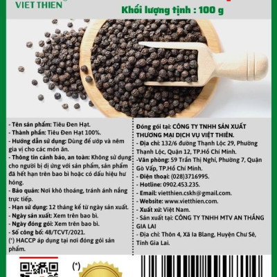Tiêu Đen Hạt Việt Thiên 100g, nhà máy sản xuất và phân phối nông sản Việt Thiên, giá rẻ