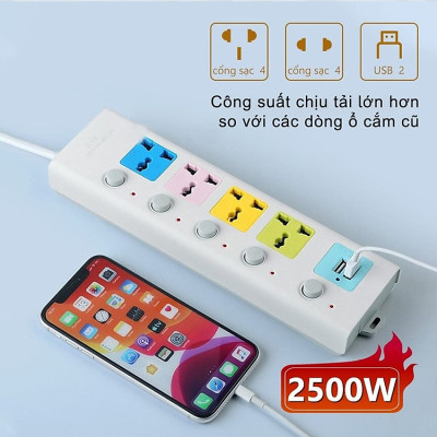 Ổ Cắm Điện USB Đa Năng Cao Cấp Chống Giật 4 Cổng Cắm 2 Cổng USB Công Suất 2500W, Có Chốt An Toàn Dây 2 Đến 5m Tiện Dụng