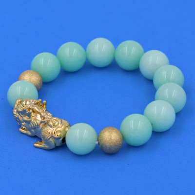 Vòng chuỗi đeo tay đá ngọc bích xanh 14 ly ( size lớn ) charm tỳ hưu và bi inox vàng, vòng tay chuỗi hạt