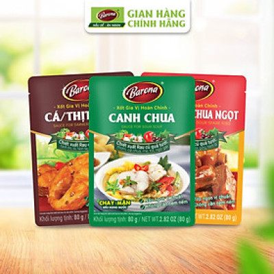 Combo Xốt gia vị hoàn chỉnh Barona: 1 gói Cá/ thịt kho (80gr) + 1 gói Sườn xào chua ngọt (80gr) + 1 gói Canh chua (80gr)