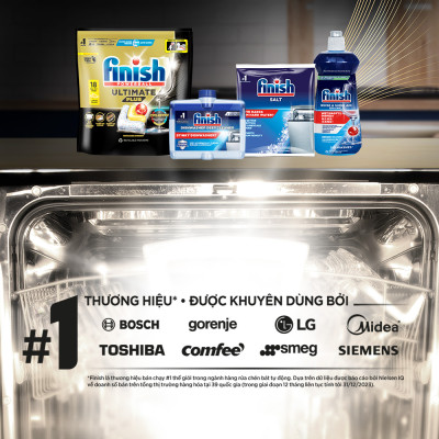 Combo Finish: Viên rửa chén Ultimate 18 viên + Nước làm bóng 500ml + Muối rửa chén 2kg