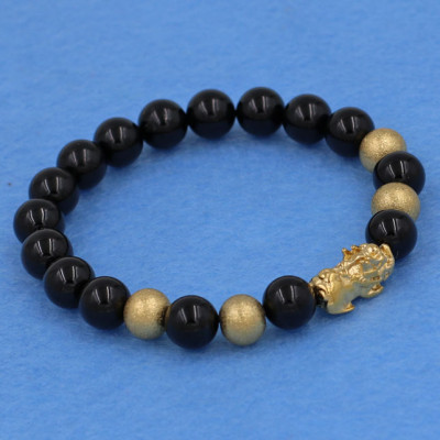 Vòng tay thạch anh đen 8 ly - cẩn Tỳ Hưu inox vàng VTAETHVB8 - hợp mệnh Thủy, mệnh Mộc