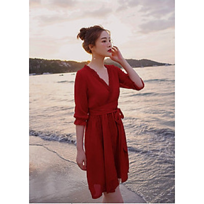 Váy maxi đi biển dài tay dáng lửng, cổ chữ V, lưng dây nơ điệu đà, thích hợp du lịch, đi biển, chụp ảnh | MX007