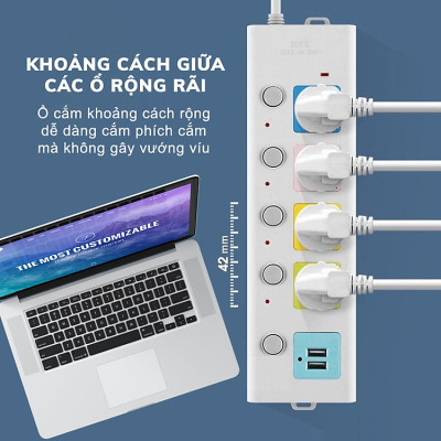 Ổ Cắm Điện USB Đa Năng Cao Cấp Chống Giật 4 Cổng Cắm 2 Cổng USB Công Suất 2500W, Có Chốt An Toàn Dây 2 Đến 5m Tiện Dụng
