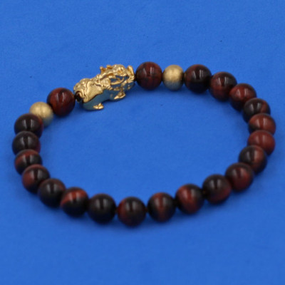 Vòng đeo tay đá Mắt Hổ đỏ đen 6 ly cẩn Tỳ Hưu inox vàng VMHOETHHBV6