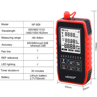 Máy Đo Công Suất Quang Và Test Cáp Mạng NOYAFA NF-908 (Dùng Pin Sạc) - Hàng Chính Hãng. NOYAFA NF-908 Multifunction Optical Power Meter Visual Fault Locator Network Cable Test Optical Fiber Tester