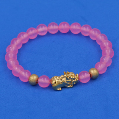 Vòng đeo tay Thạch Anh Hồng Phấn 6 ly cẩn Tỳ Hưu inox vàng VTAHPTHHBV6 HỘP NHUNG - hợp mệnh Hỏa, mệnh Thổ