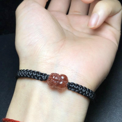 Vòng Tay Tỳ Hưu Tài Lộc Tóc Đỏ Mini tết dây màu đen - Cầu tài lộc, bình an, may mắn