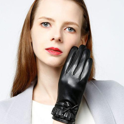 Găng tay nữ da cừu phối nơ nữ tính - BHY8714 Bao tay nữ mùa đông, lót lông, giữ ấm, cản gió, chống nước, cảm ứng điện thoại.